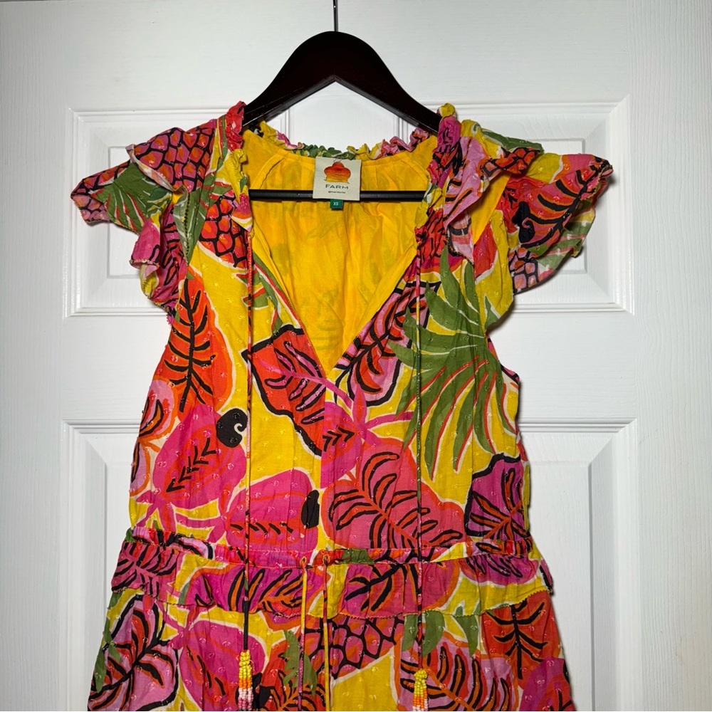 Farm Rio • Ruffle Mini Dress • Yellow Fruit Dream • XS • Beaded Tassels • $180 - Picture 5 of 14